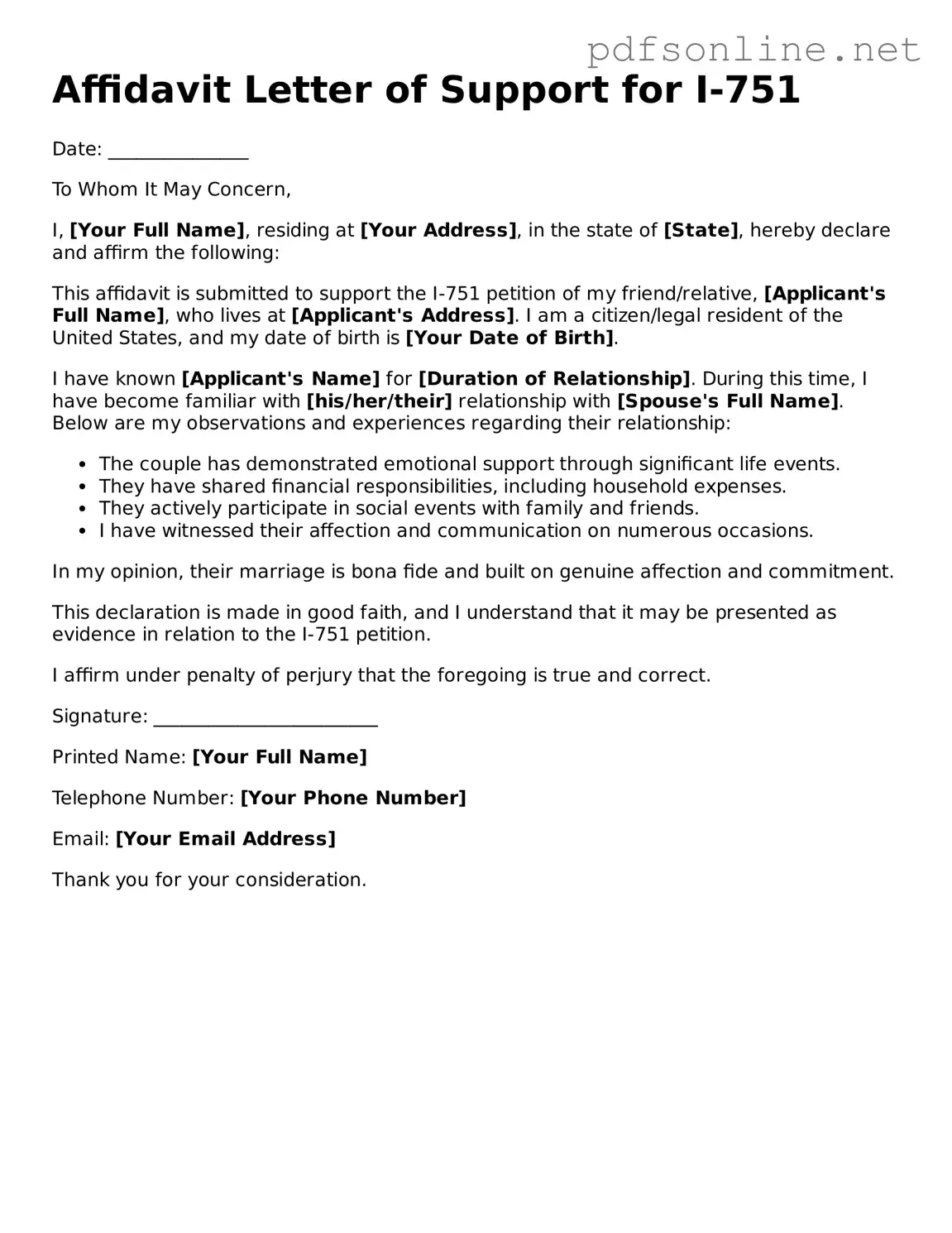 Attorney-Approved Affidavit Letter of Support for I-751 Form