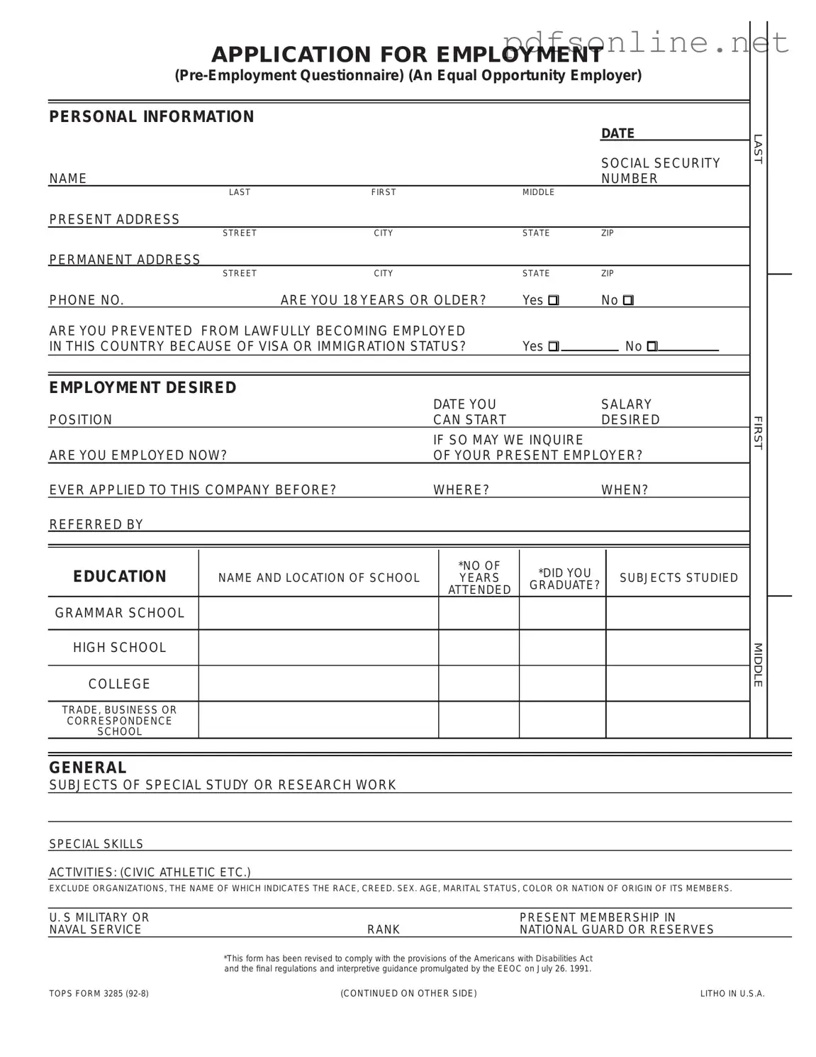 Free Employment Application Pdf PDF Form