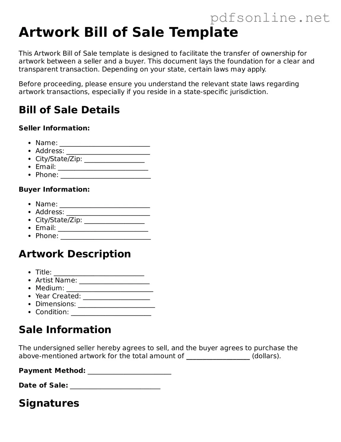 Attorney-Approved Artwork Bill of Sale Form
