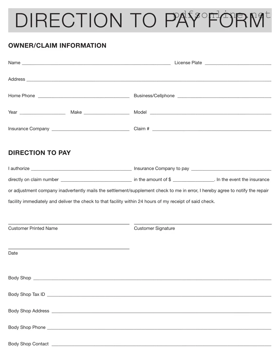 Free Authorization And Direction Pay PDF Form