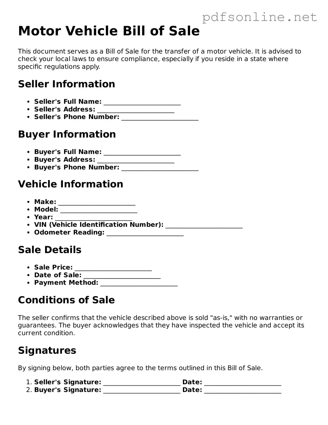 Attorney-Approved Motor Vehicle Bill of Sale Form