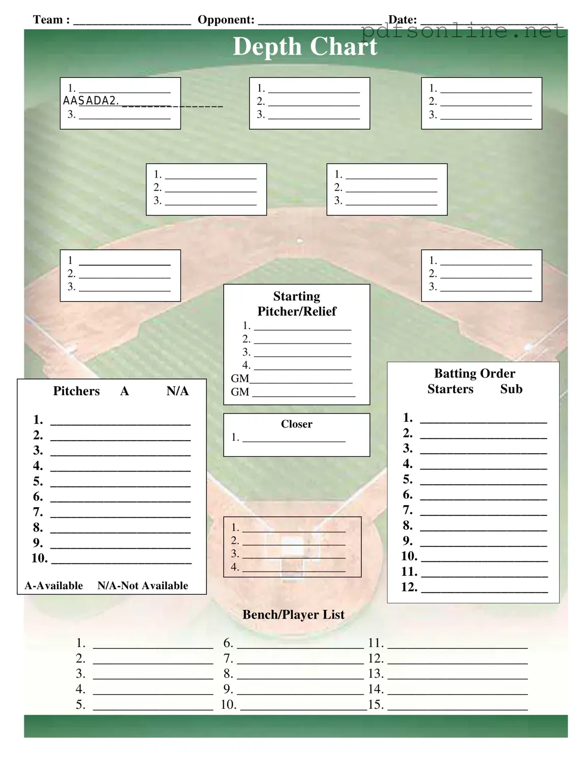 Free Baseball Field Lineup PDF Form