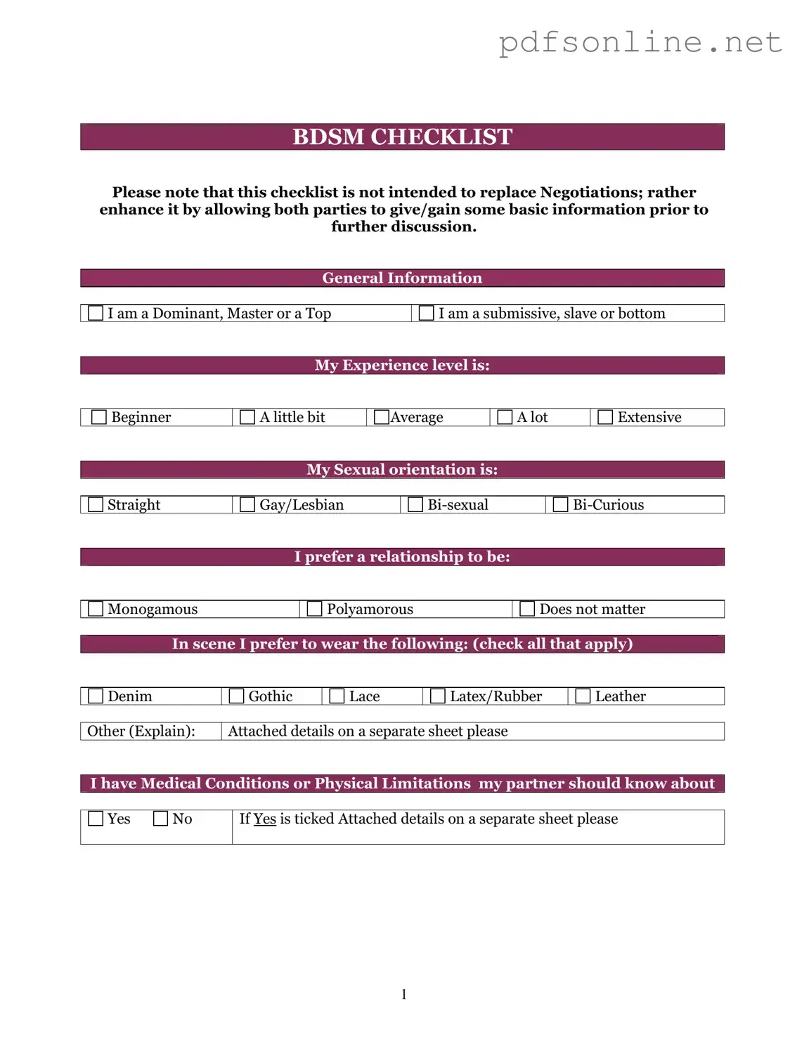 Free Bdsm Checklist PDF Form