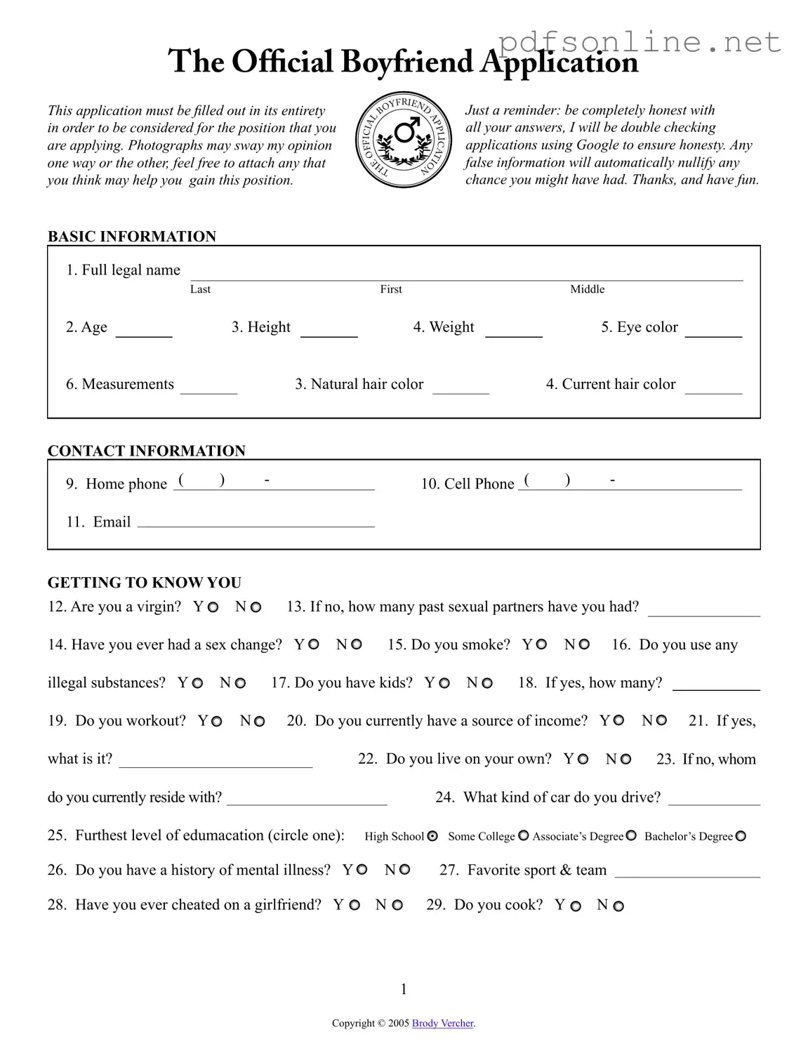 Free Boyfriend application form PDF Form