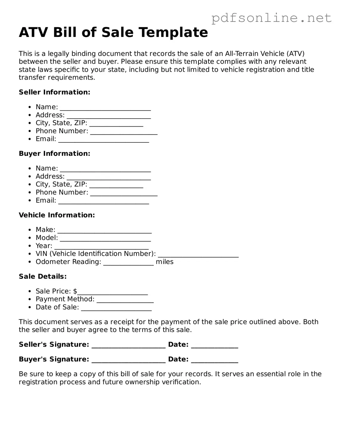 Attorney-Approved ATV Bill of Sale Form