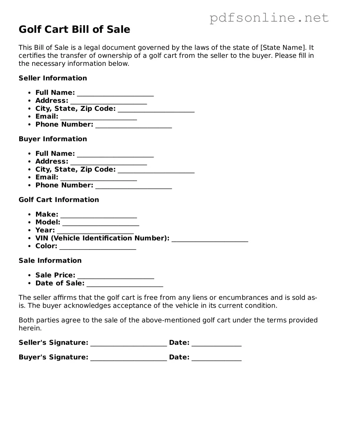 Attorney-Approved Golf Cart Bill of Sale Form