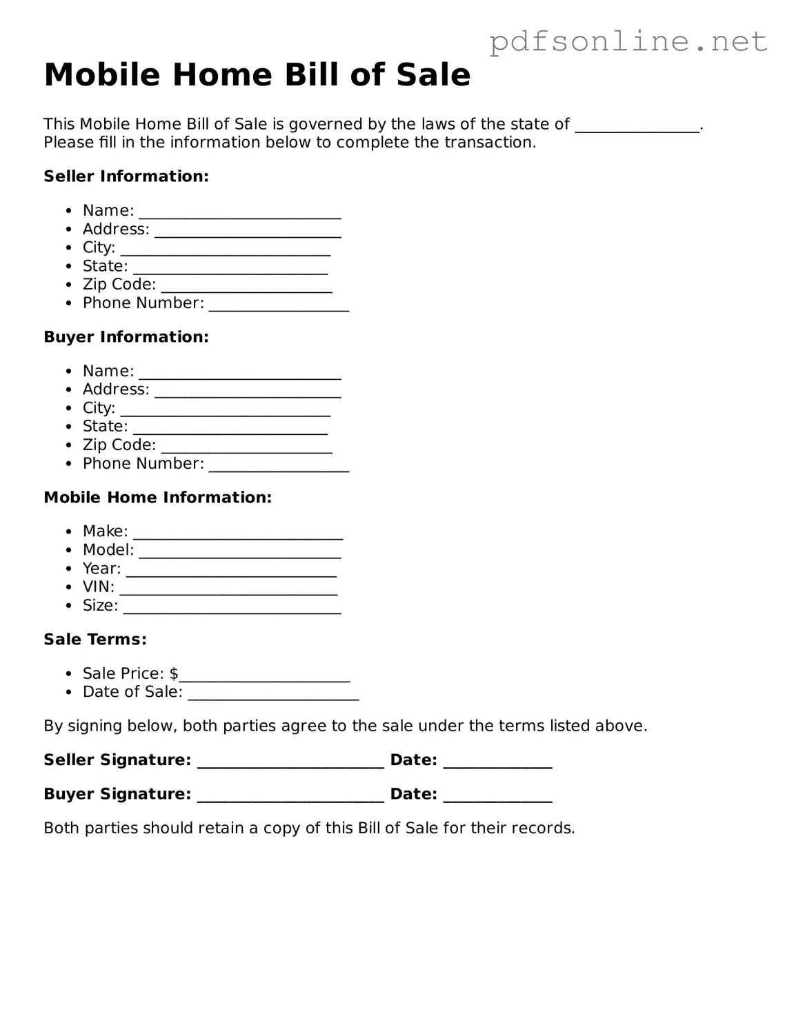 Attorney-Approved Mobile Home Bill of Sale Form