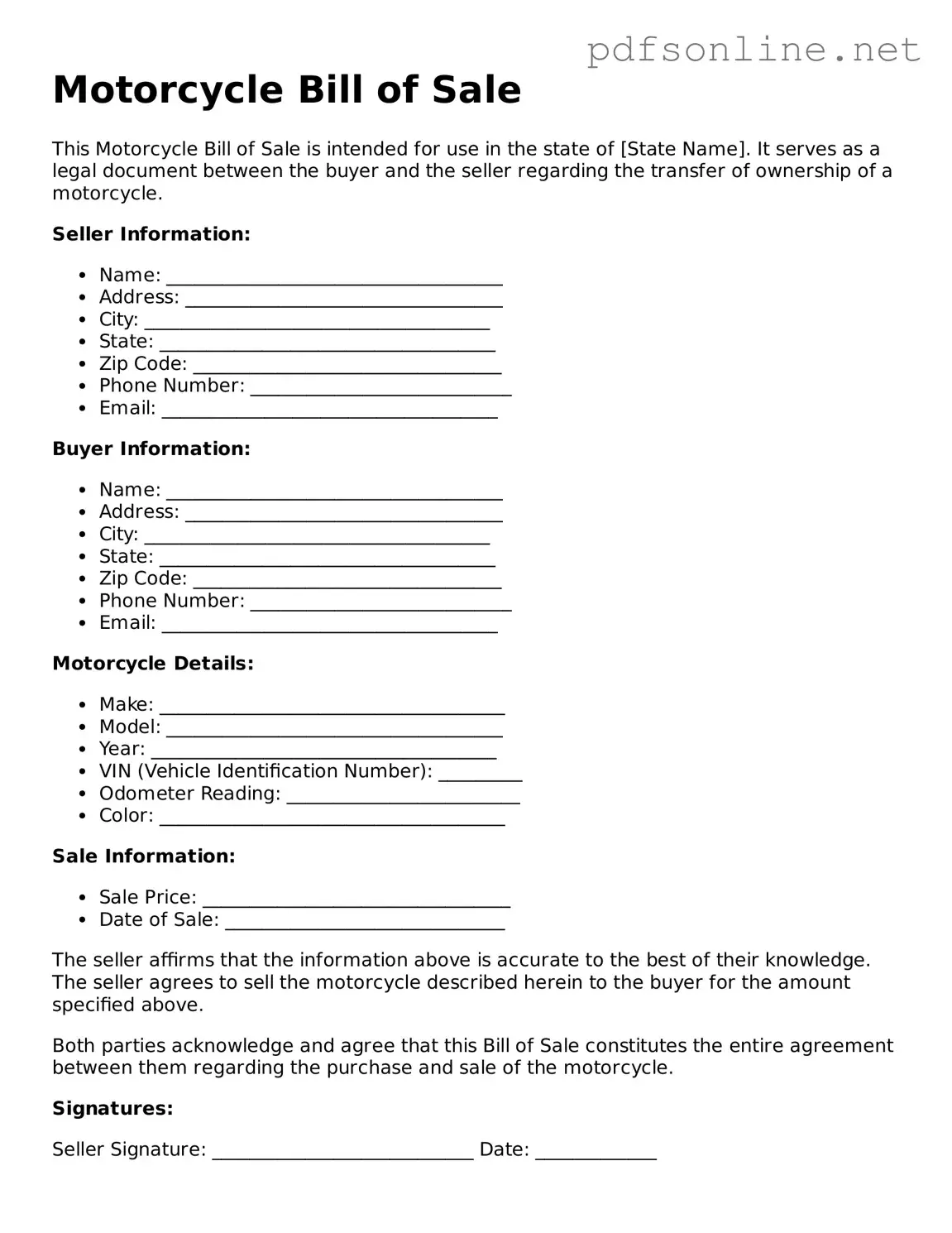 Attorney-Approved Motorcycle Bill of Sale Form