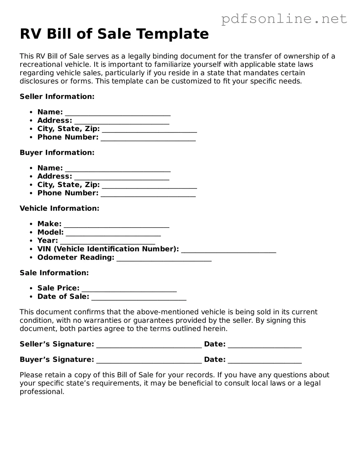 Attorney-Approved RV Bill of Sale Form