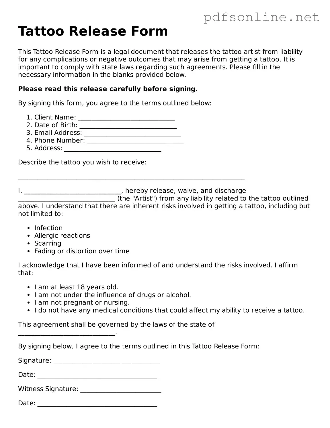 Attorney-Approved Tattoo Release Form