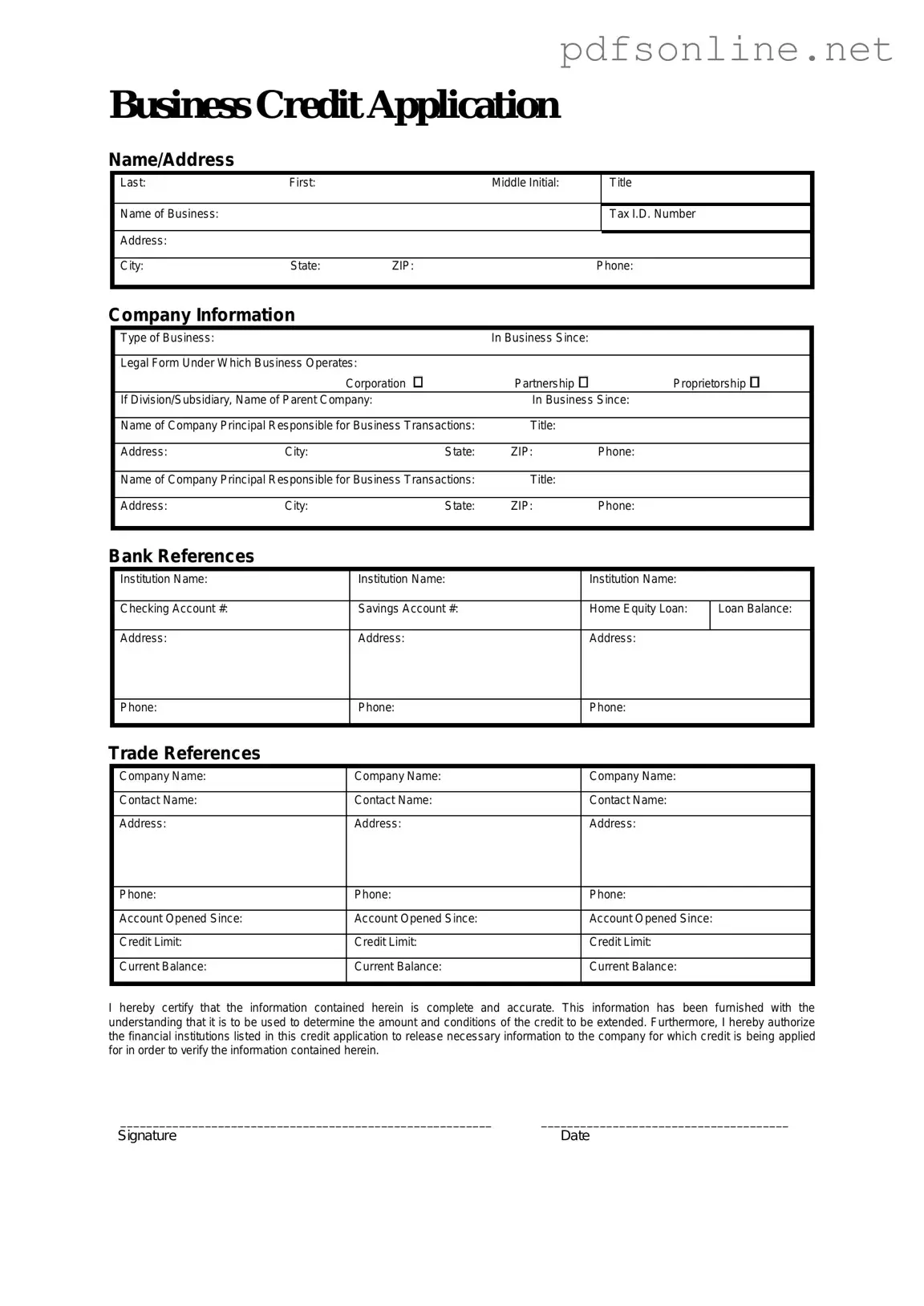 Free Business Credit Application PDF Form