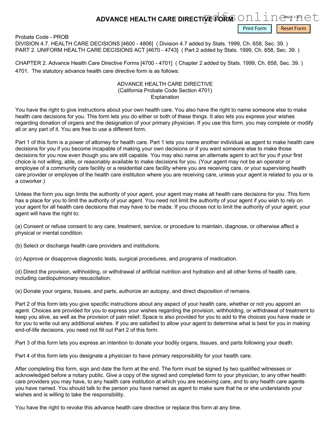 Free California Advanced Health Care Directive PDF Form