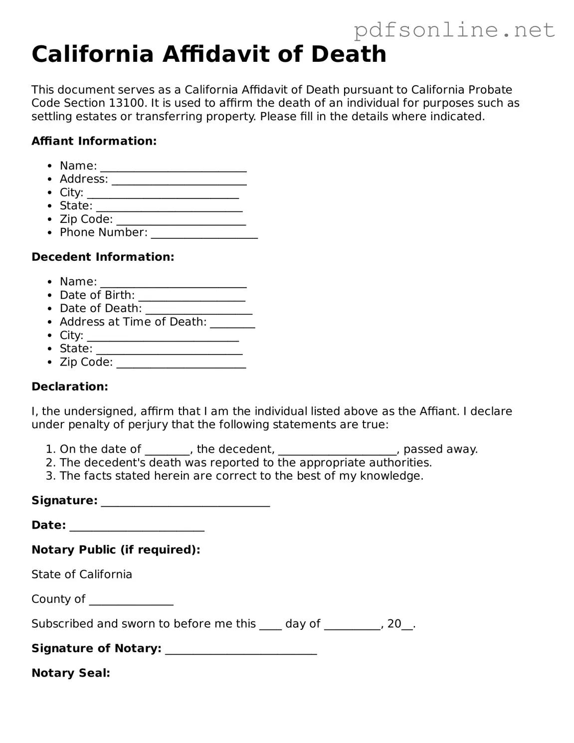Legal Affidavit of Death Template for the State of California