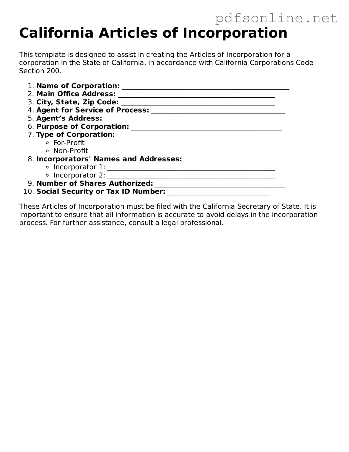Legal Articles of Incorporation Template for the State of California