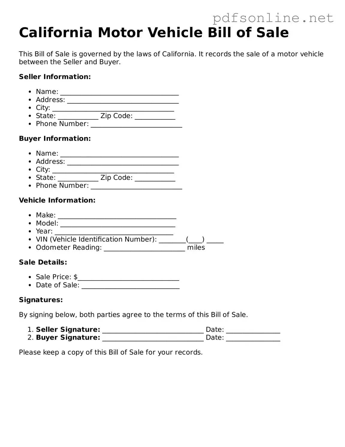 Legal Motor Vehicle Bill of Sale Template for the State of California