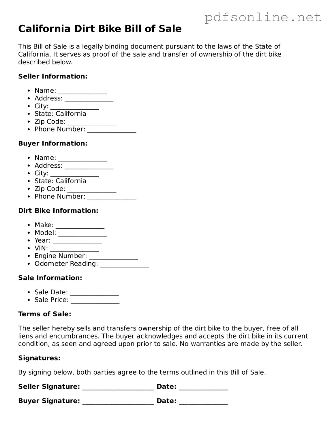 Legal Dirt Bike Bill of Sale Template for the State of California