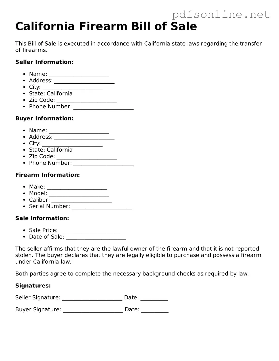 Legal Firearm Bill of Sale Template for the State of California