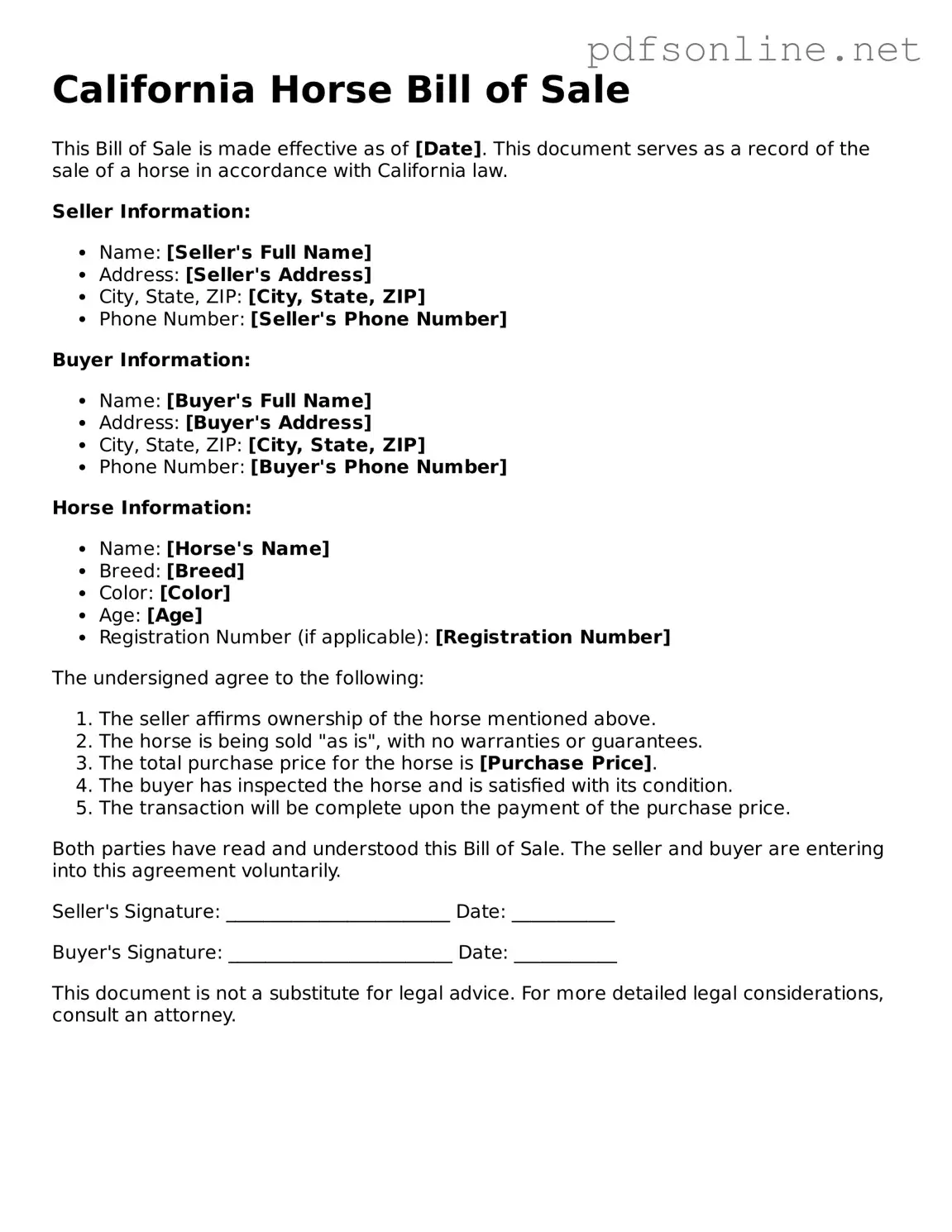 Legal Horse Bill of Sale Template for the State of California