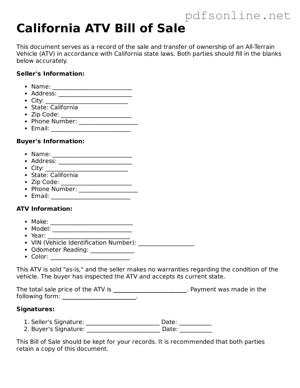 Legal ATV Bill of Sale Template for the State of California