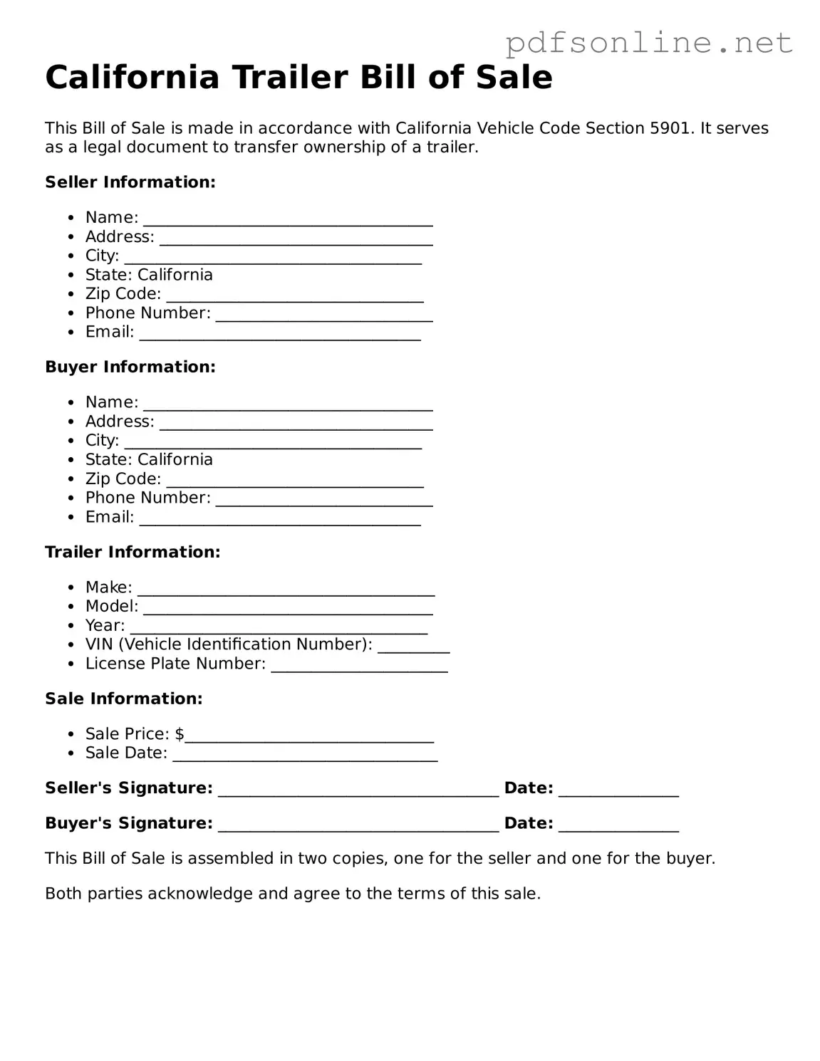 Legal Trailer Bill of Sale Template for the State of California