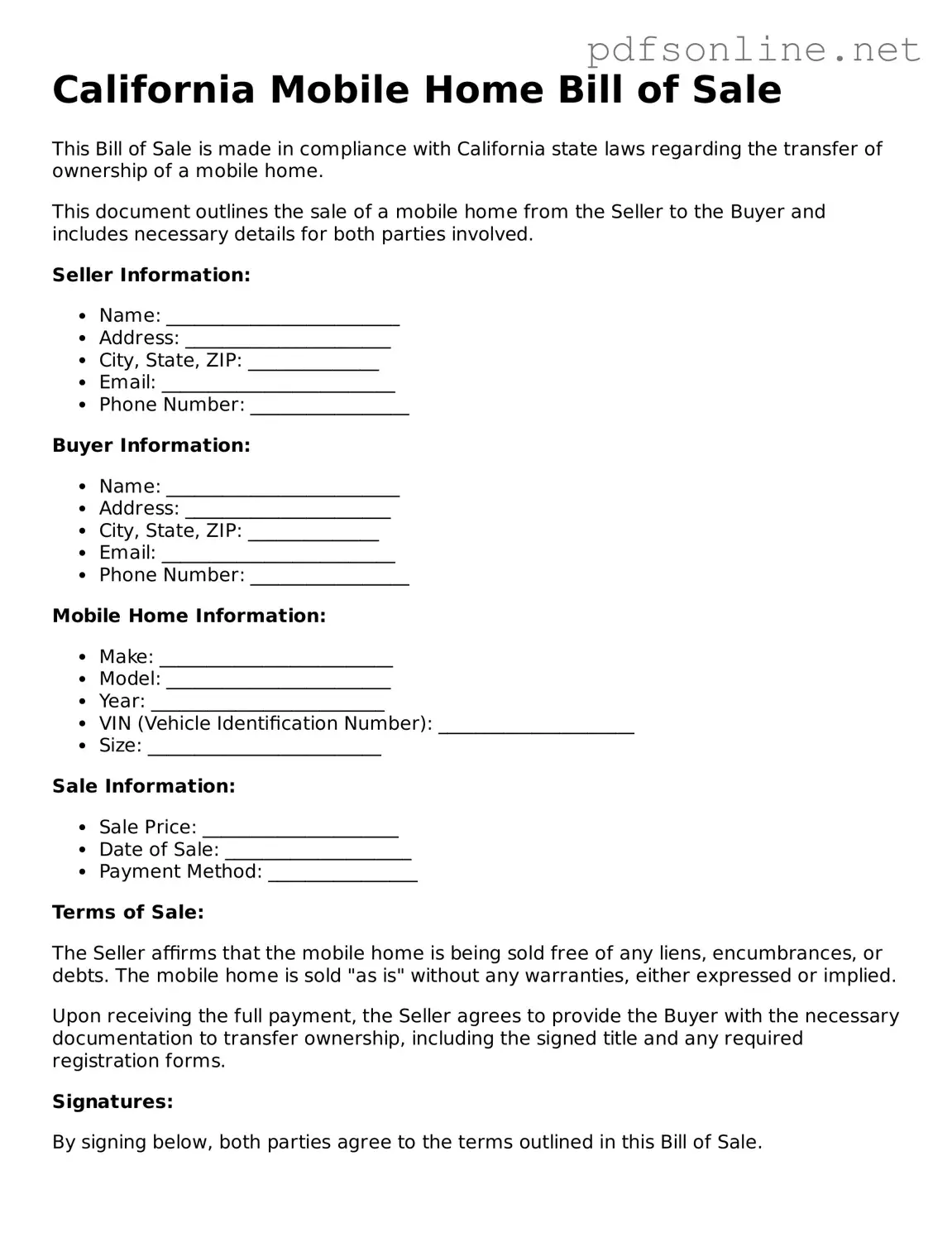 Legal Mobile Home Bill of Sale Template for the State of California