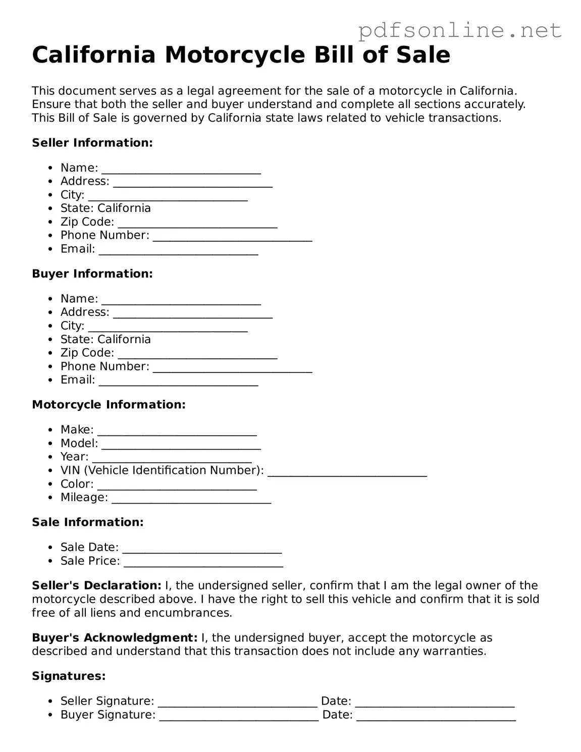 Legal Motorcycle Bill of Sale Template for the State of California