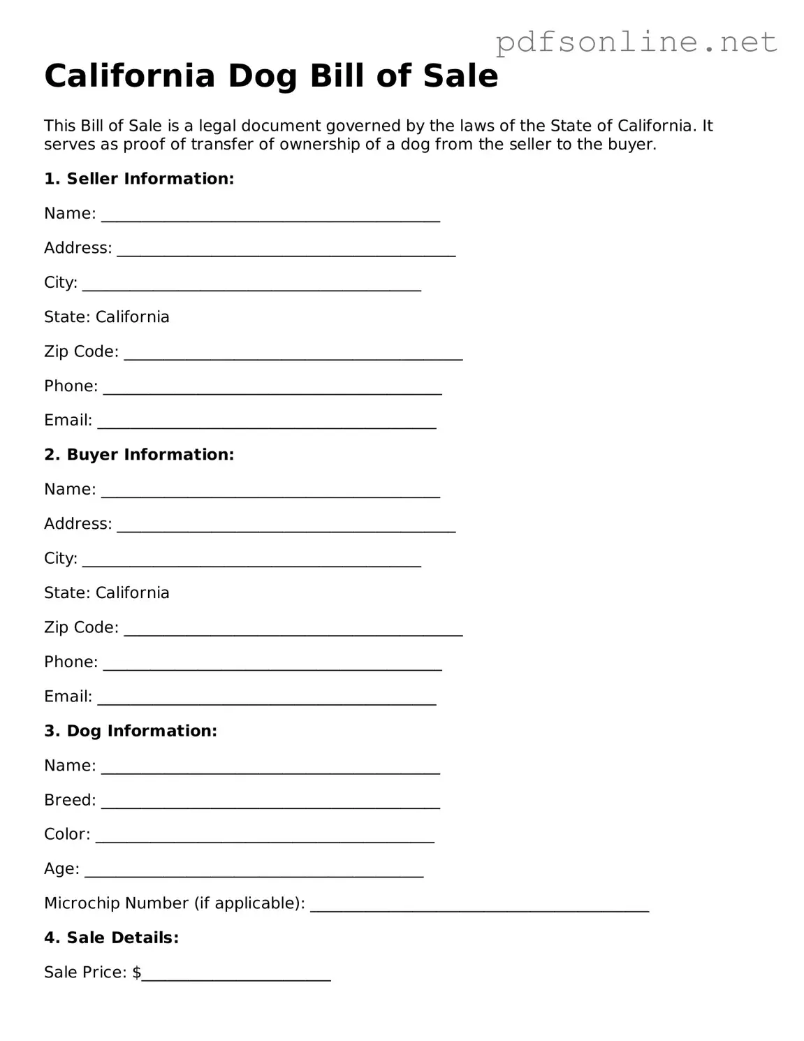 Legal Dog Bill of Sale Template for the State of California