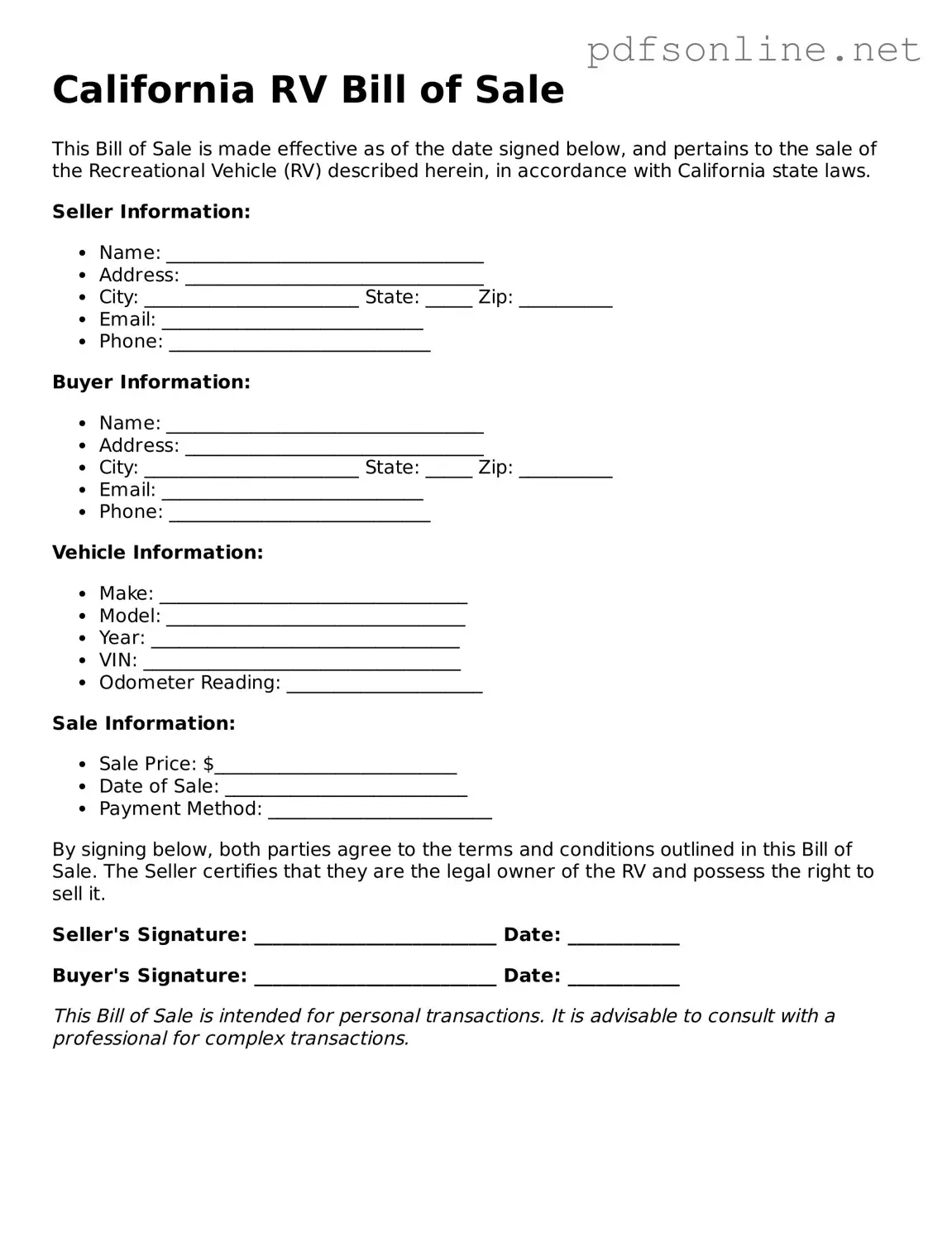 Legal RV Bill of Sale Template for the State of California
