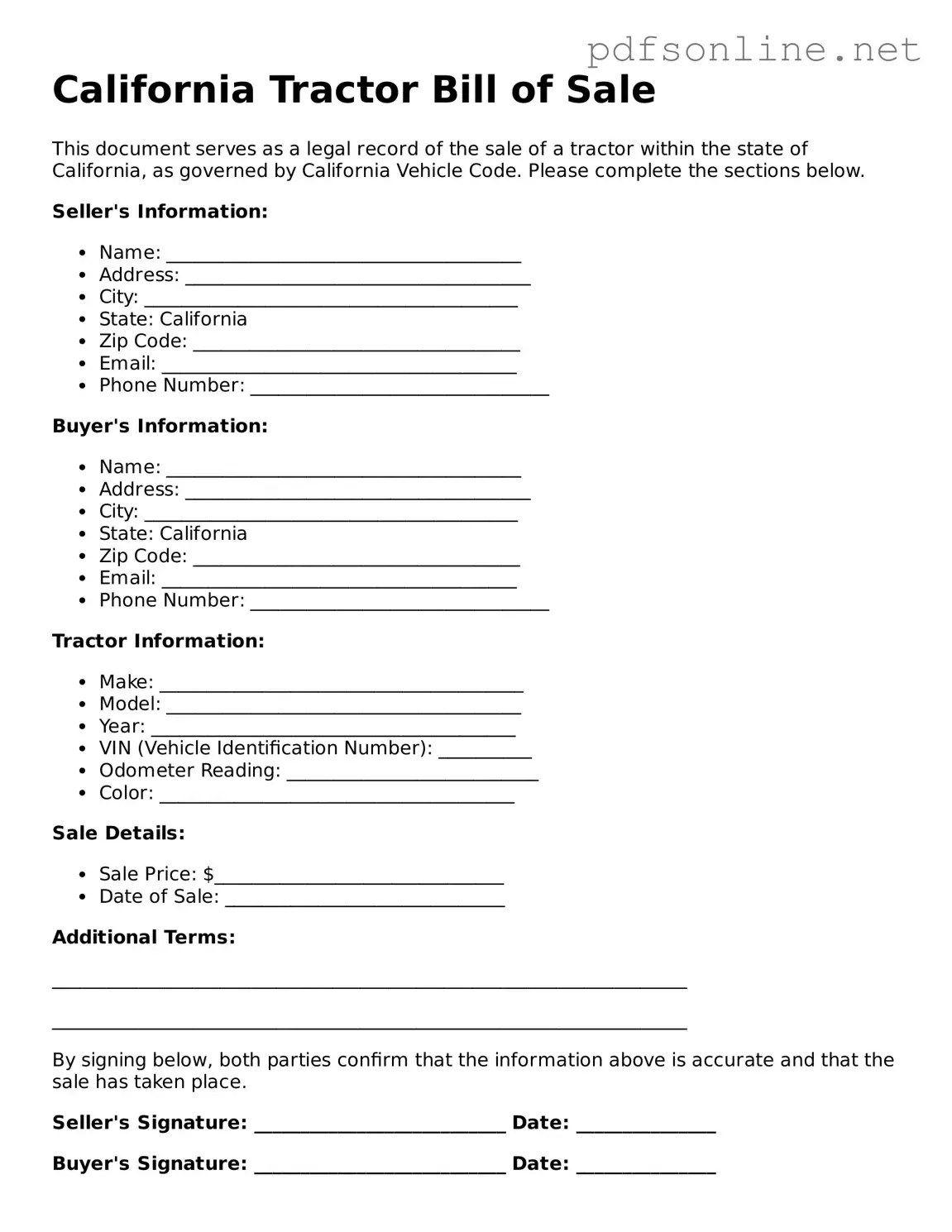 Legal Tractor Bill of Sale Template for the State of California