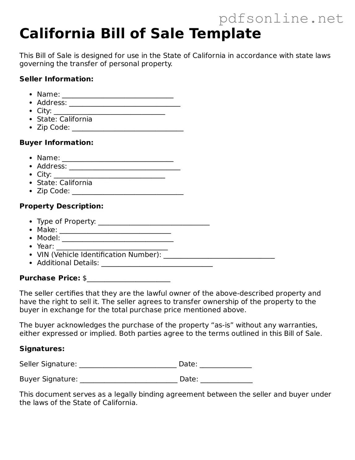 Legal Bill of Sale Template for the State of California