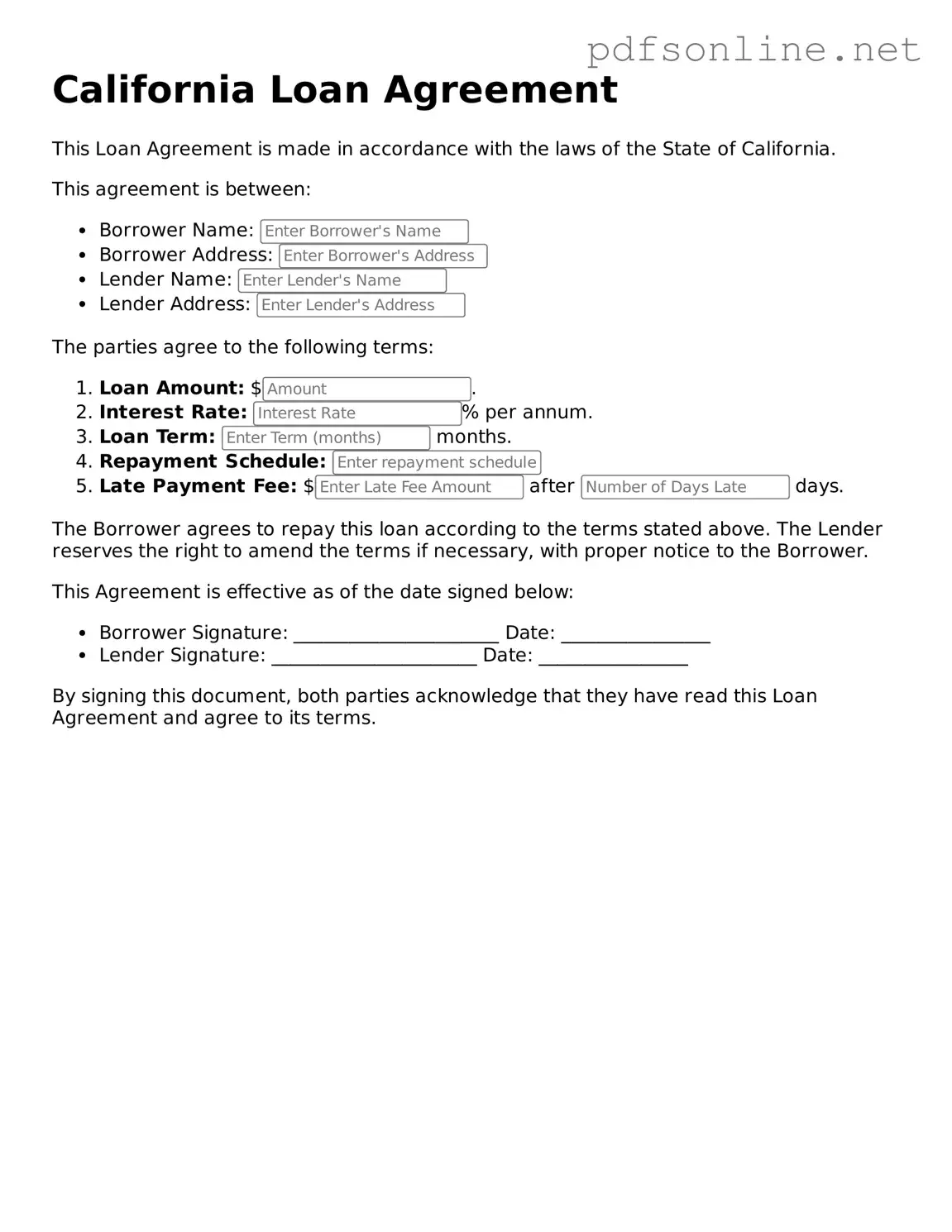Legal Loan Agreement Template for the State of California