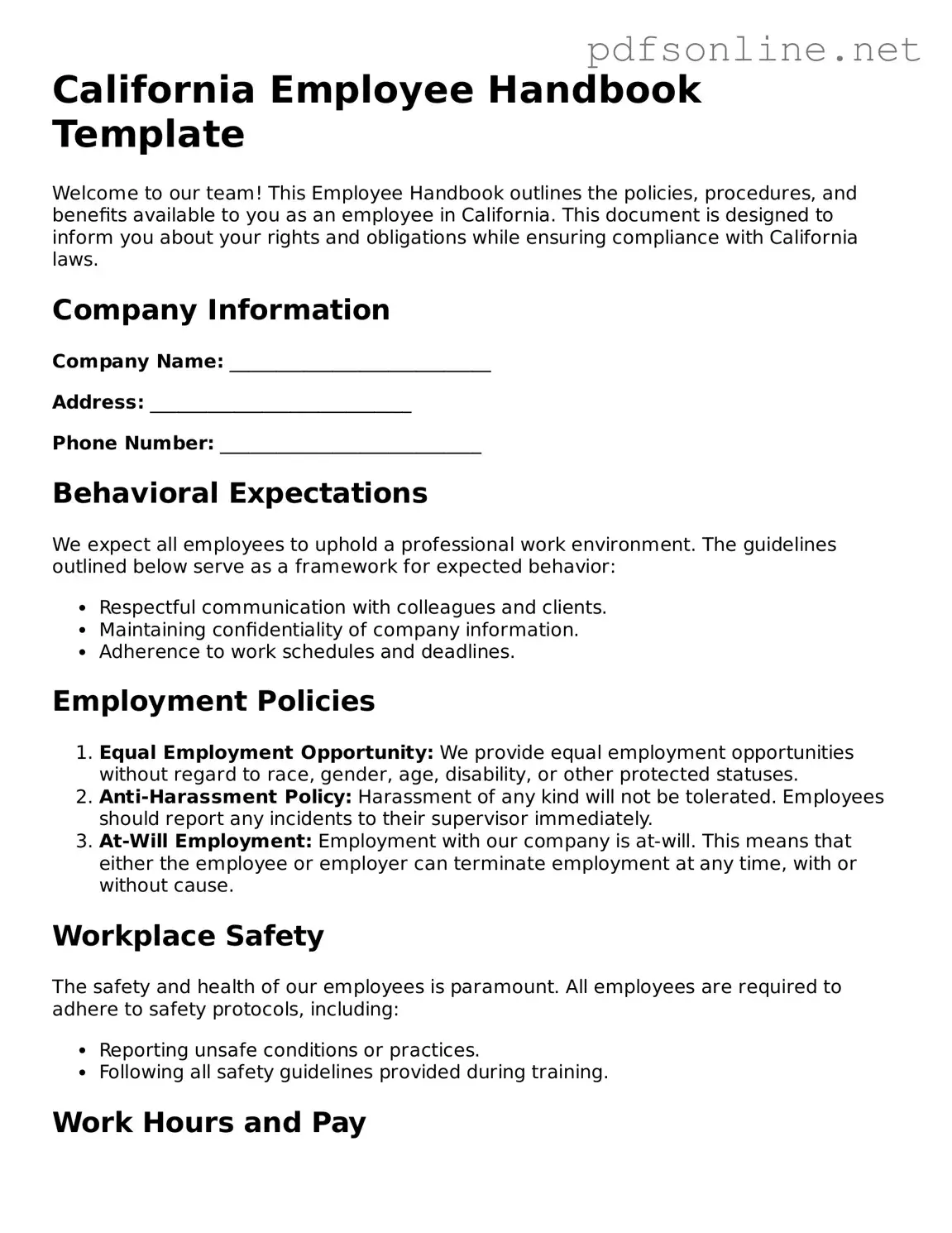 Legal Employee Handbook Template for the State of California