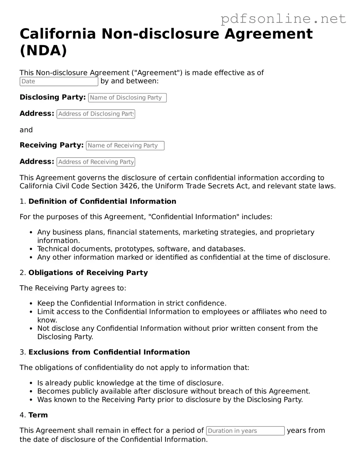 Legal Non-disclosure Agreement Template for the State of California