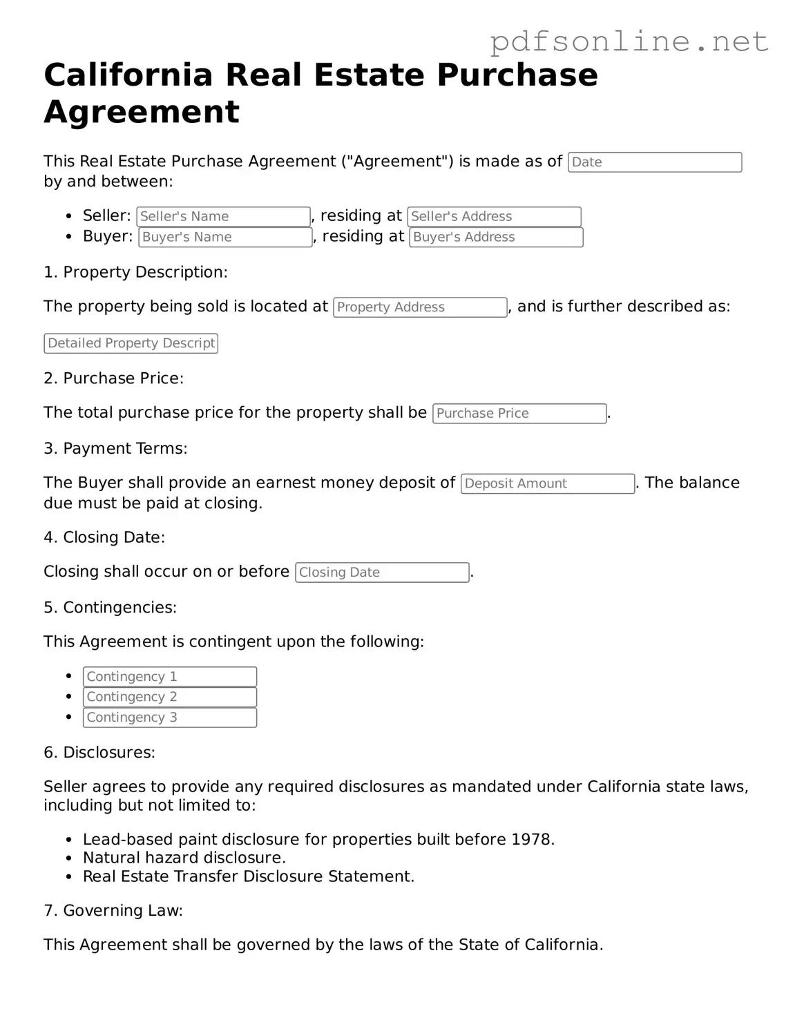 Legal Real Estate Purchase Agreement Template for the State of California