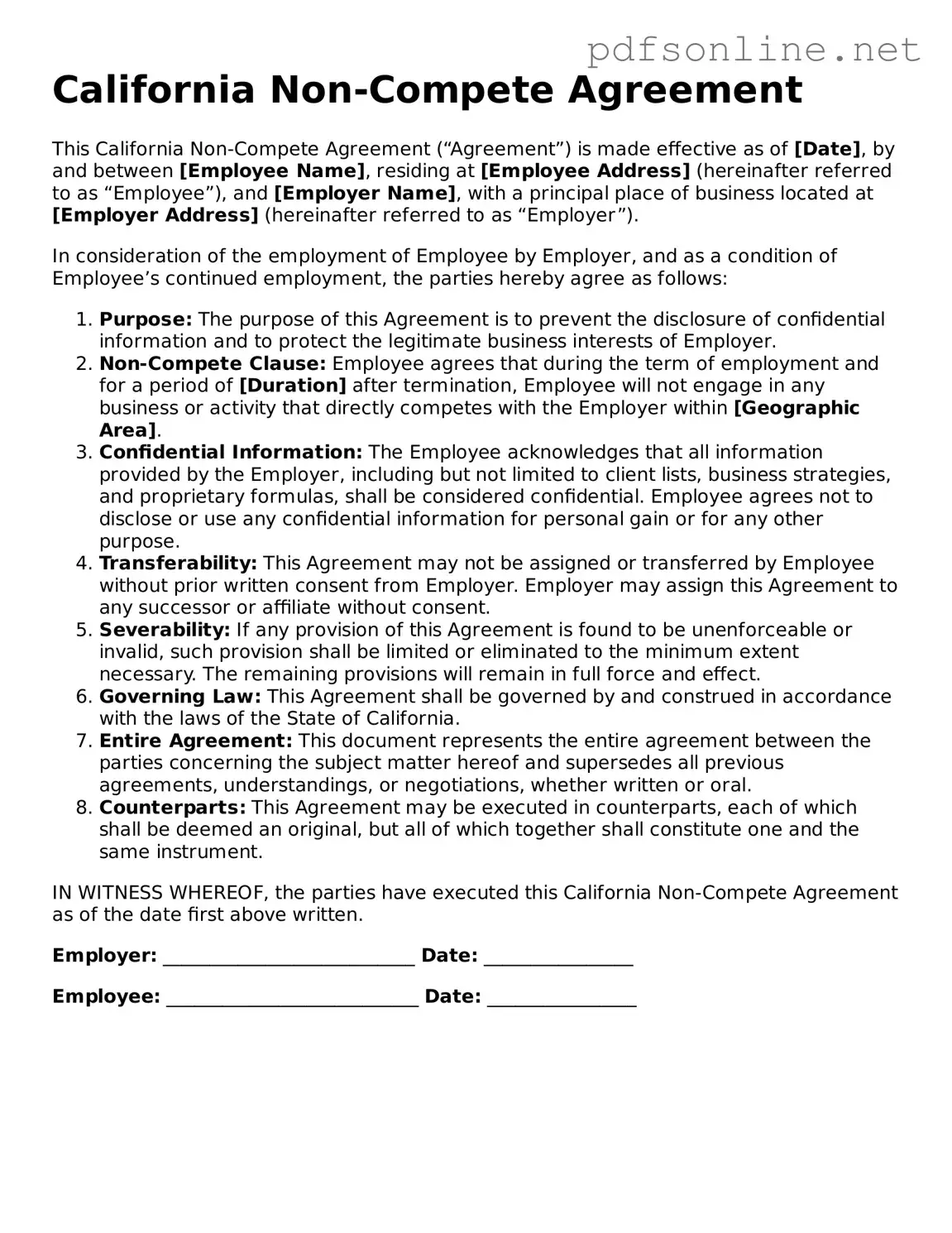 Legal Non-compete Agreement Template for the State of California