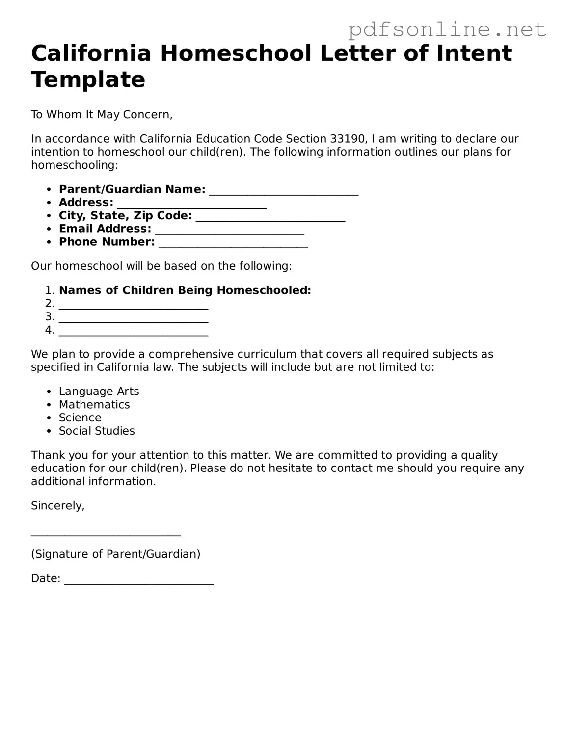 Legal Homeschool Letter of Intent Template for the State of California