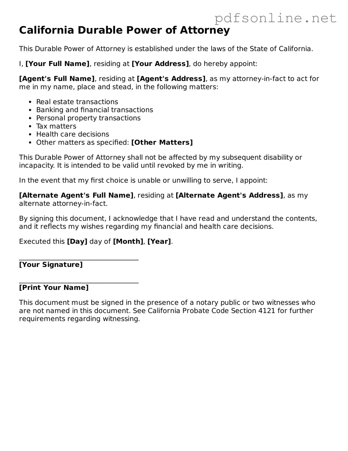 Legal Durable Power of Attorney Template for the State of California