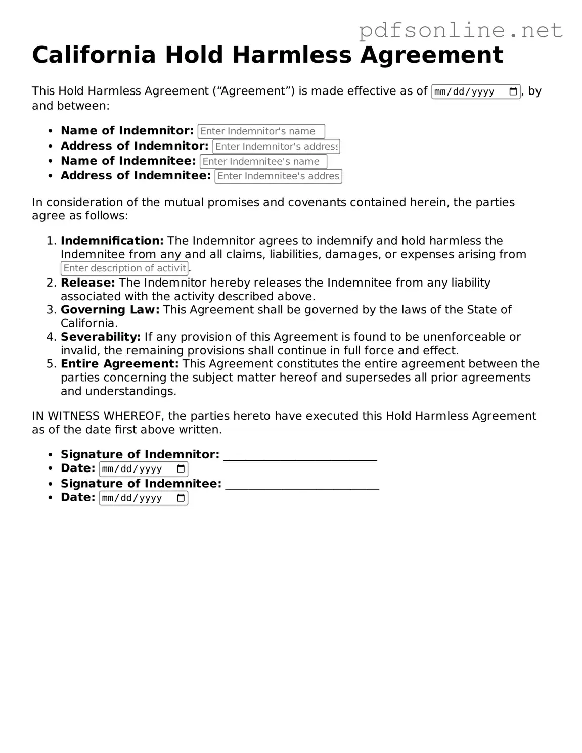 Legal Hold Harmless Agreement Template for the State of California