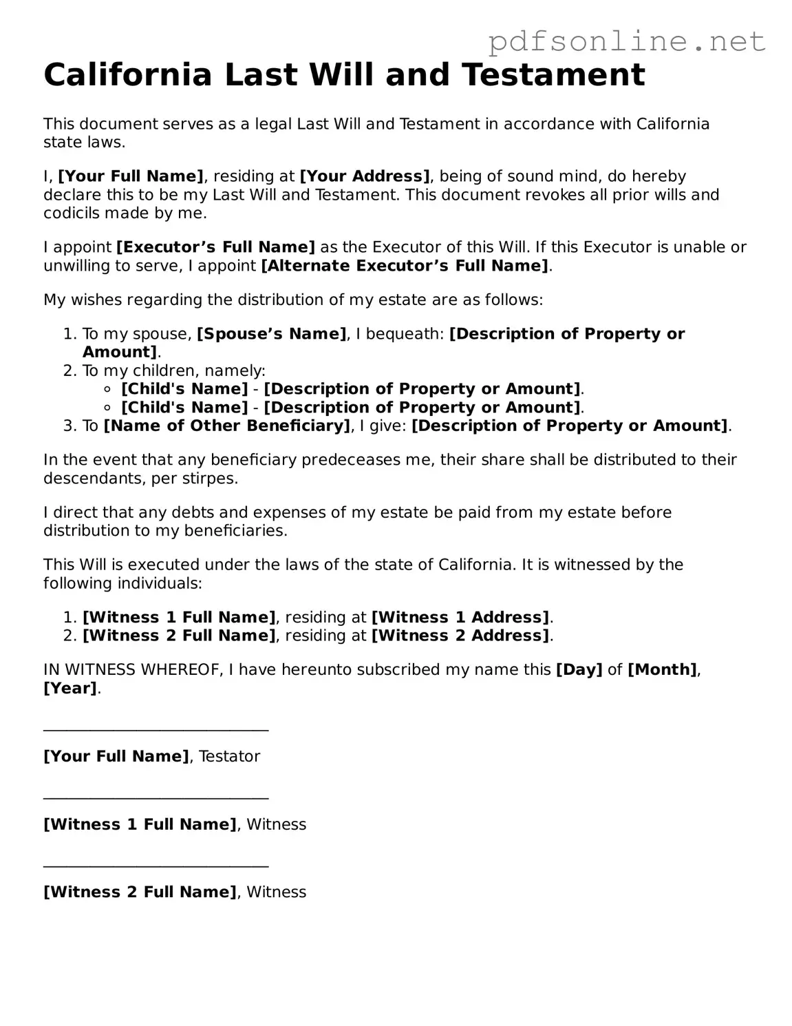 Legal Last Will and Testament Template for the State of California