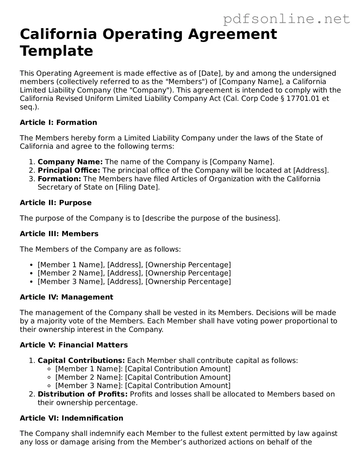 Legal Operating Agreement Template for the State of California
