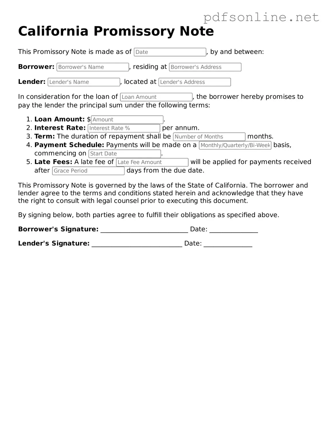 Legal Promissory Note Template for the State of California