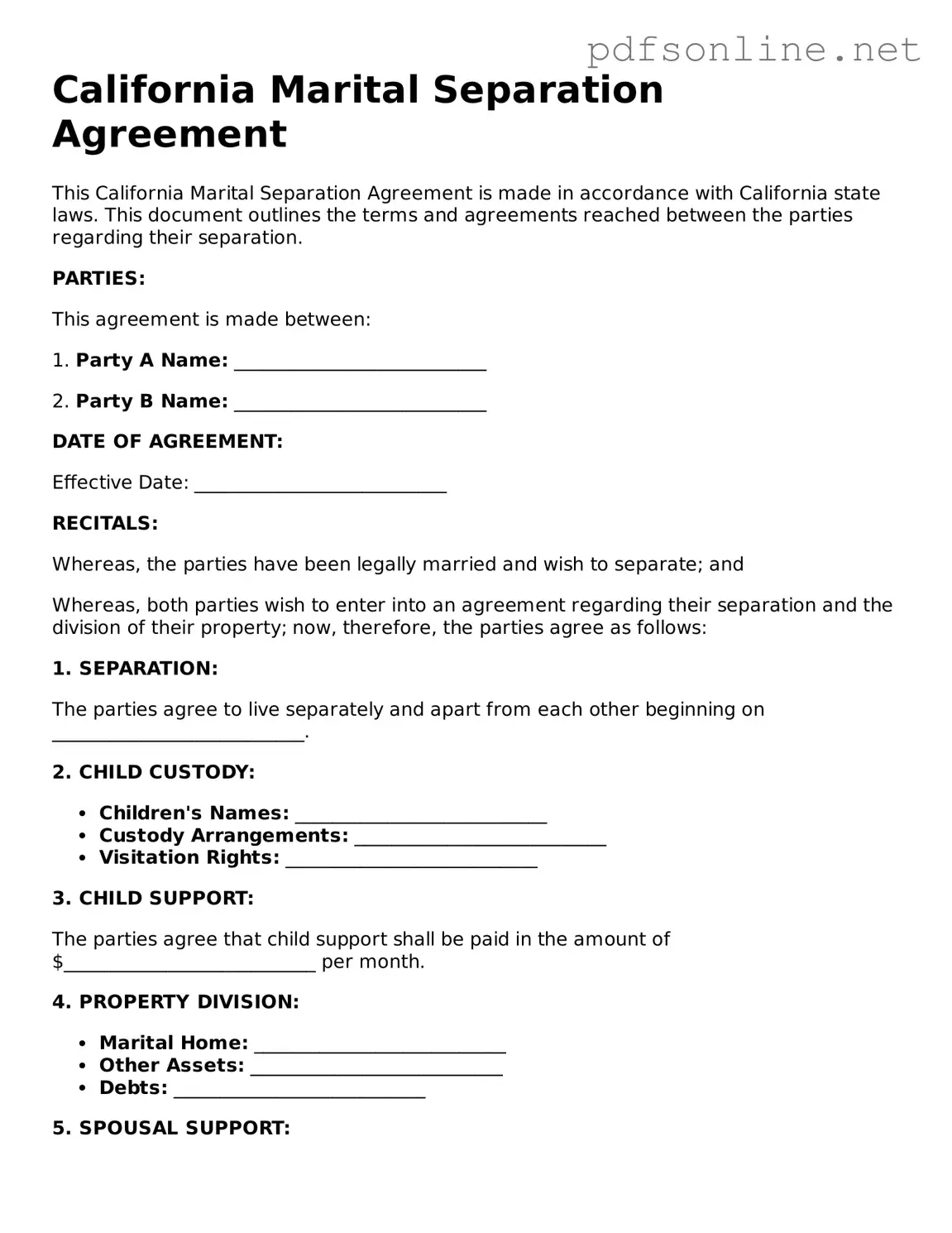 Legal Marital Separation Agreement Template for the State of California