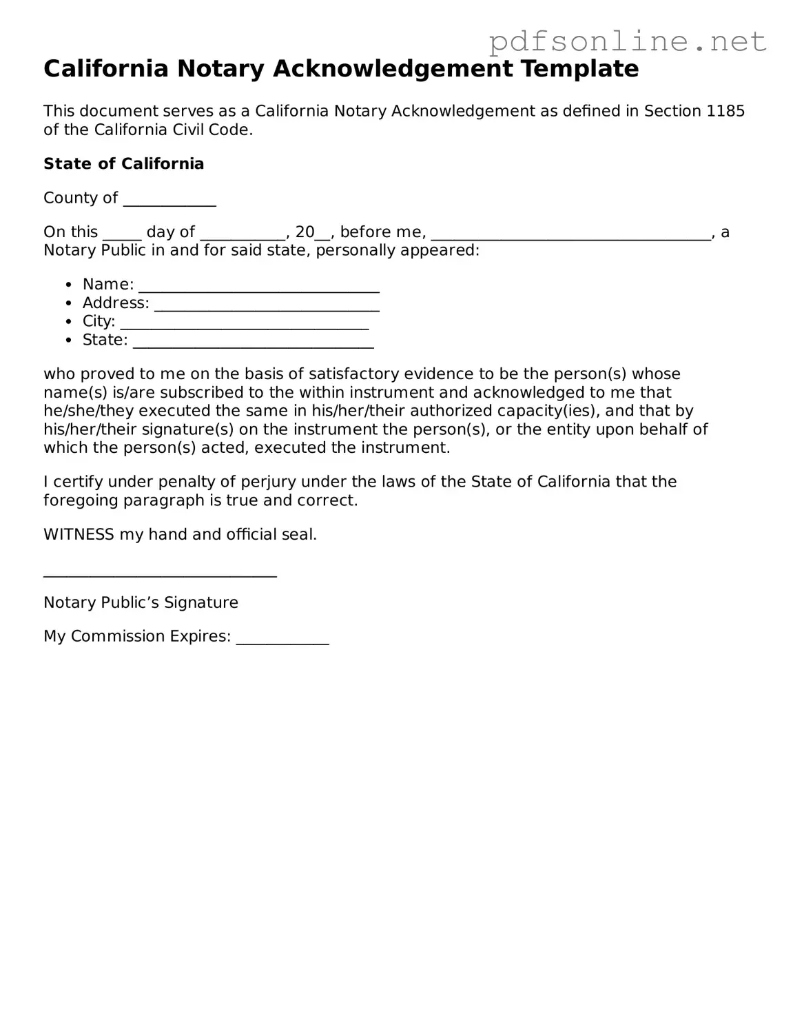 Legal Notary Acknowledgement Template for the State of California