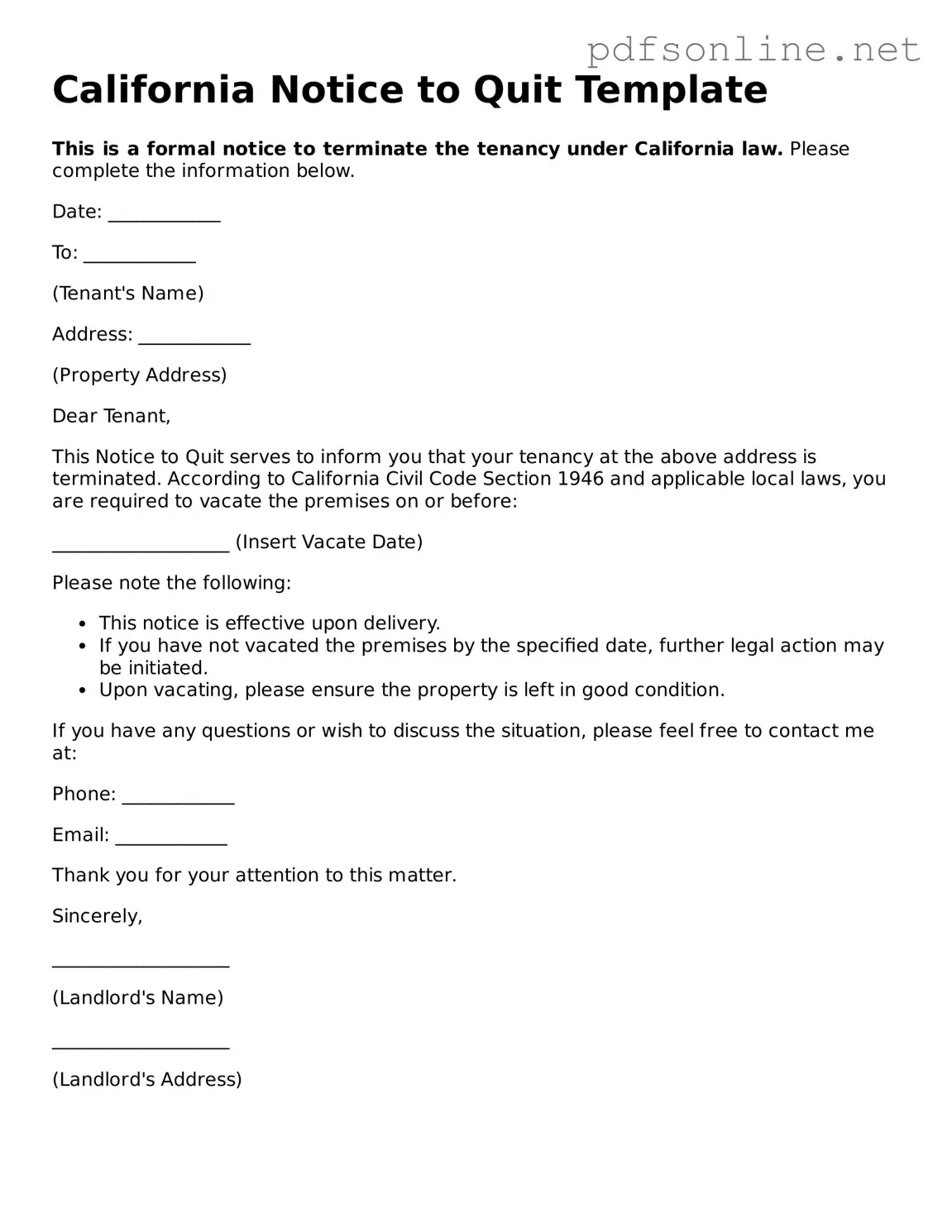 Legal Notice to Quit Template for the State of California
