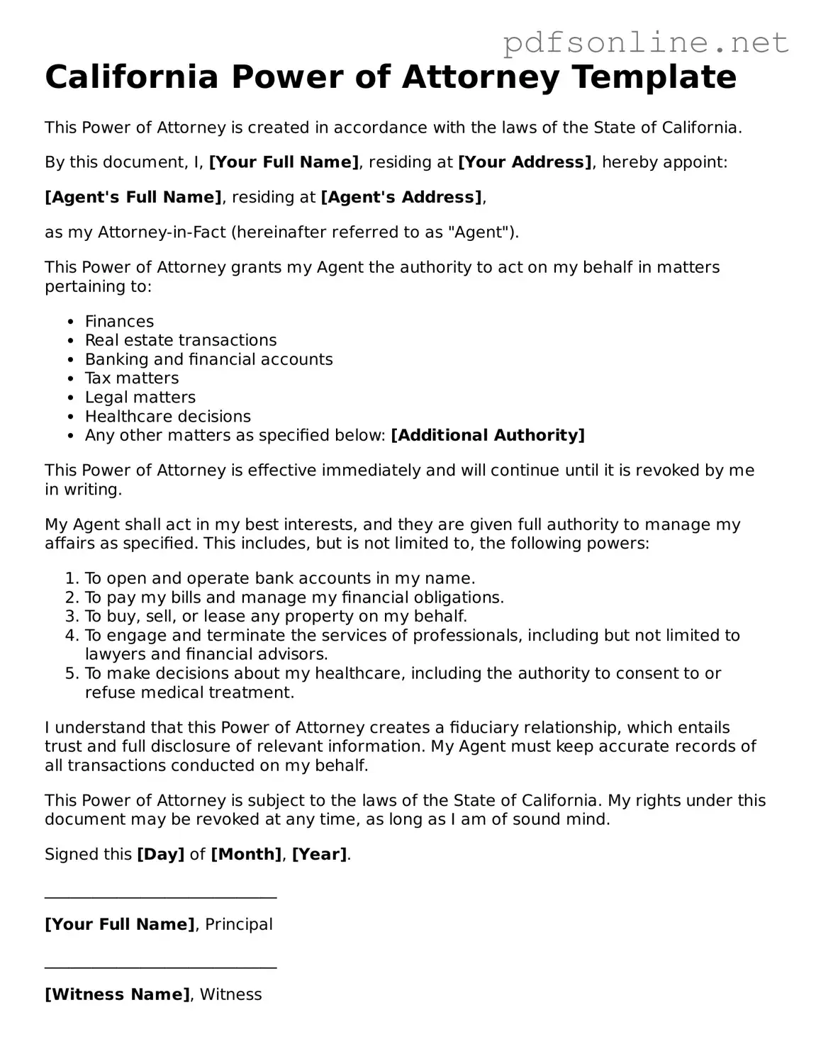 Legal Power of Attorney Template for the State of California