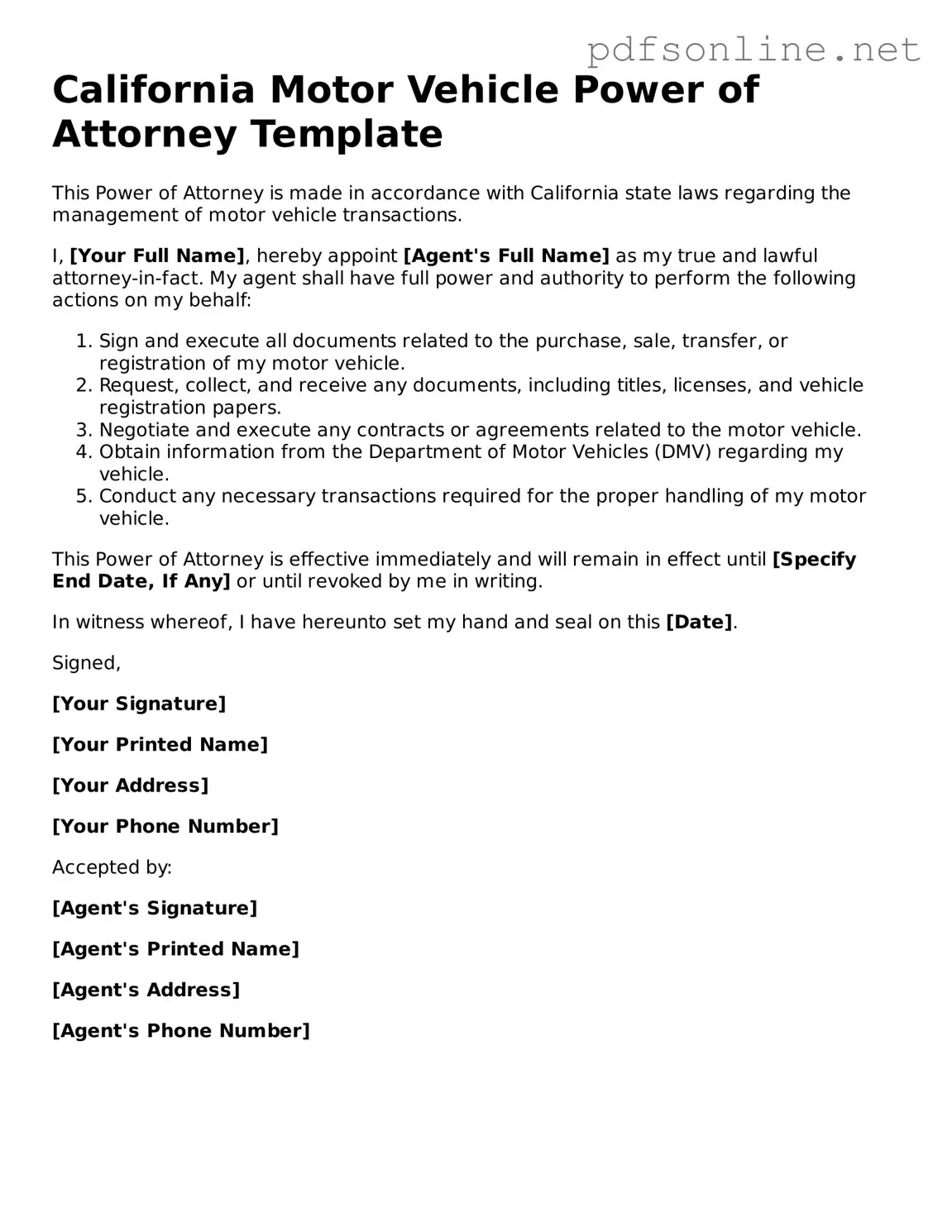 Legal Motor Vehicle Power of Attorney Template for the State of California