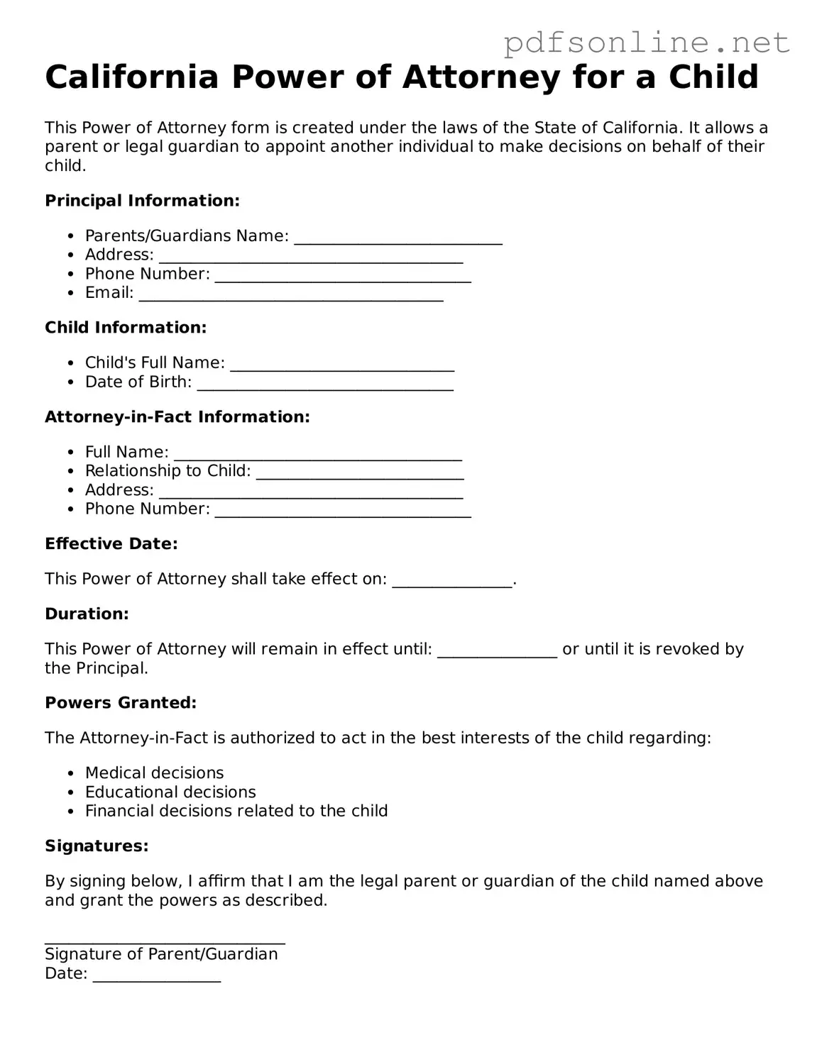 Legal Power of Attorney for a Child Template for the State of California