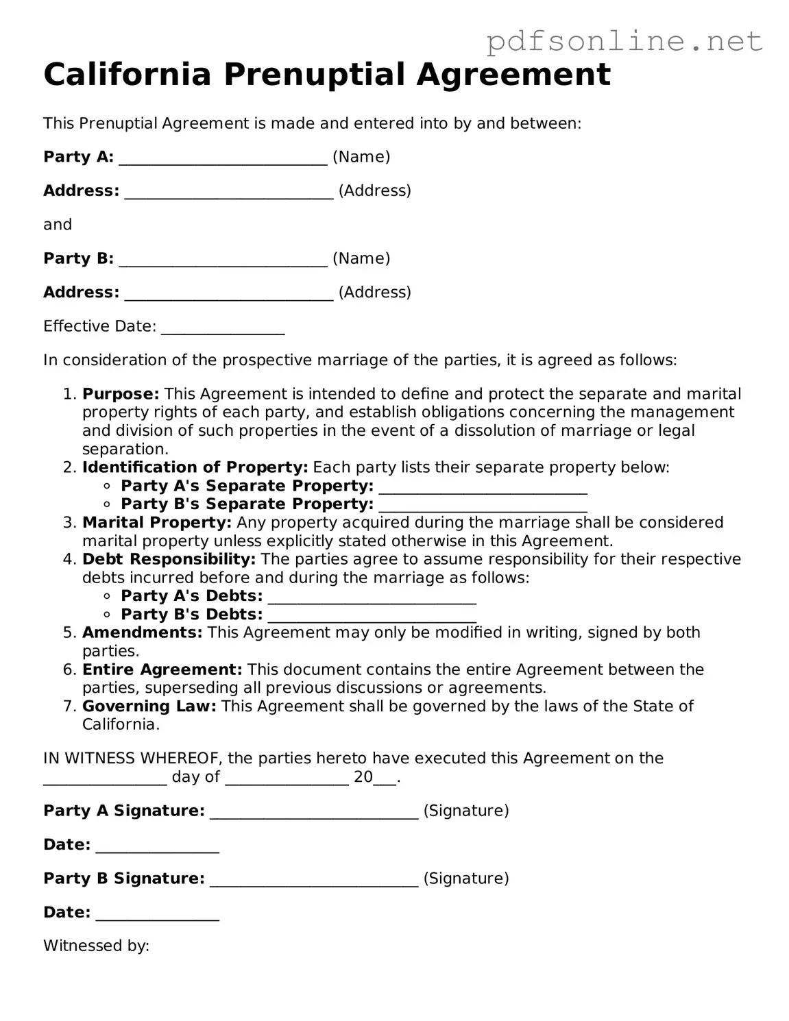 Legal Prenuptial Agreement Template for the State of California