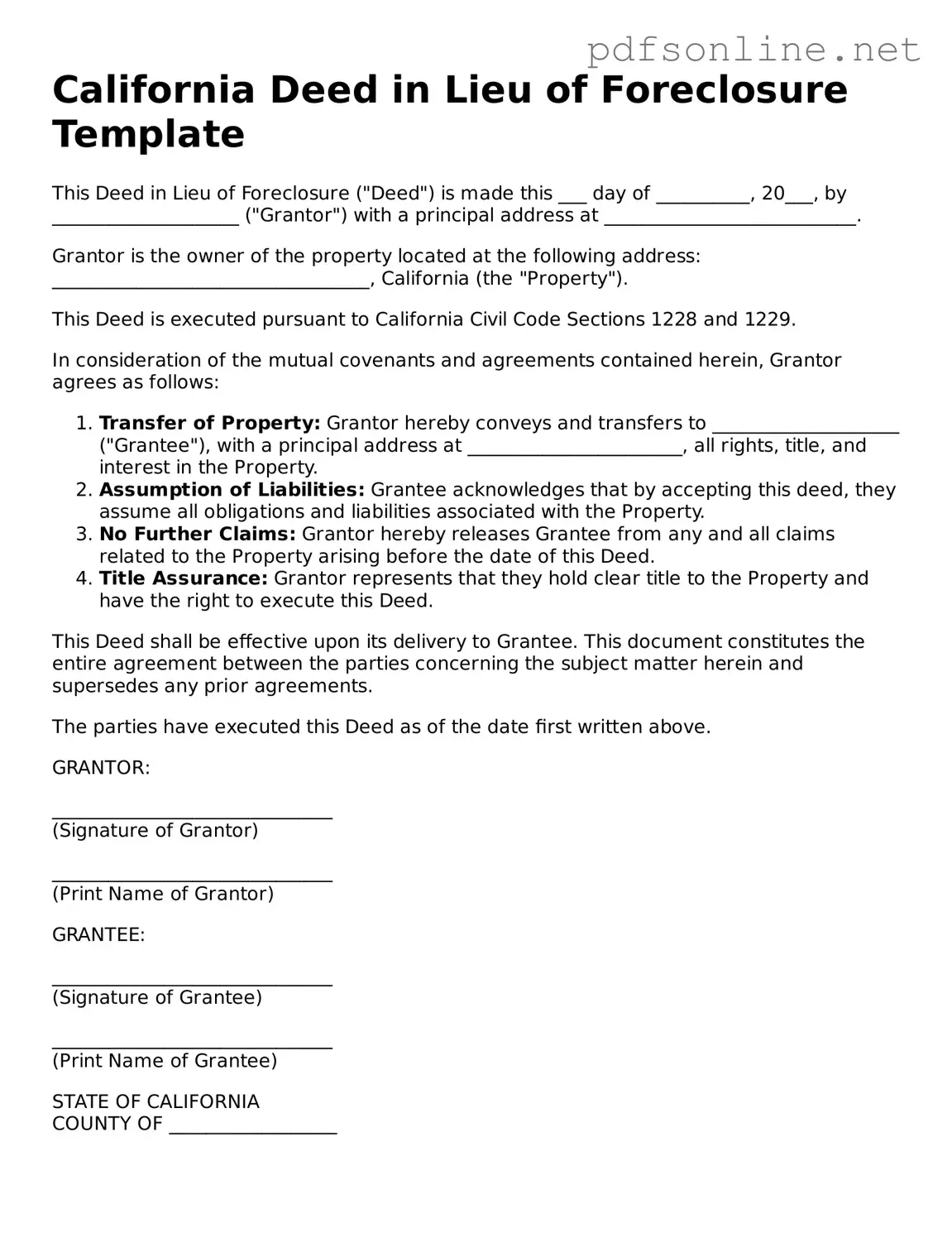 Legal Deed in Lieu of Foreclosure Template for the State of California