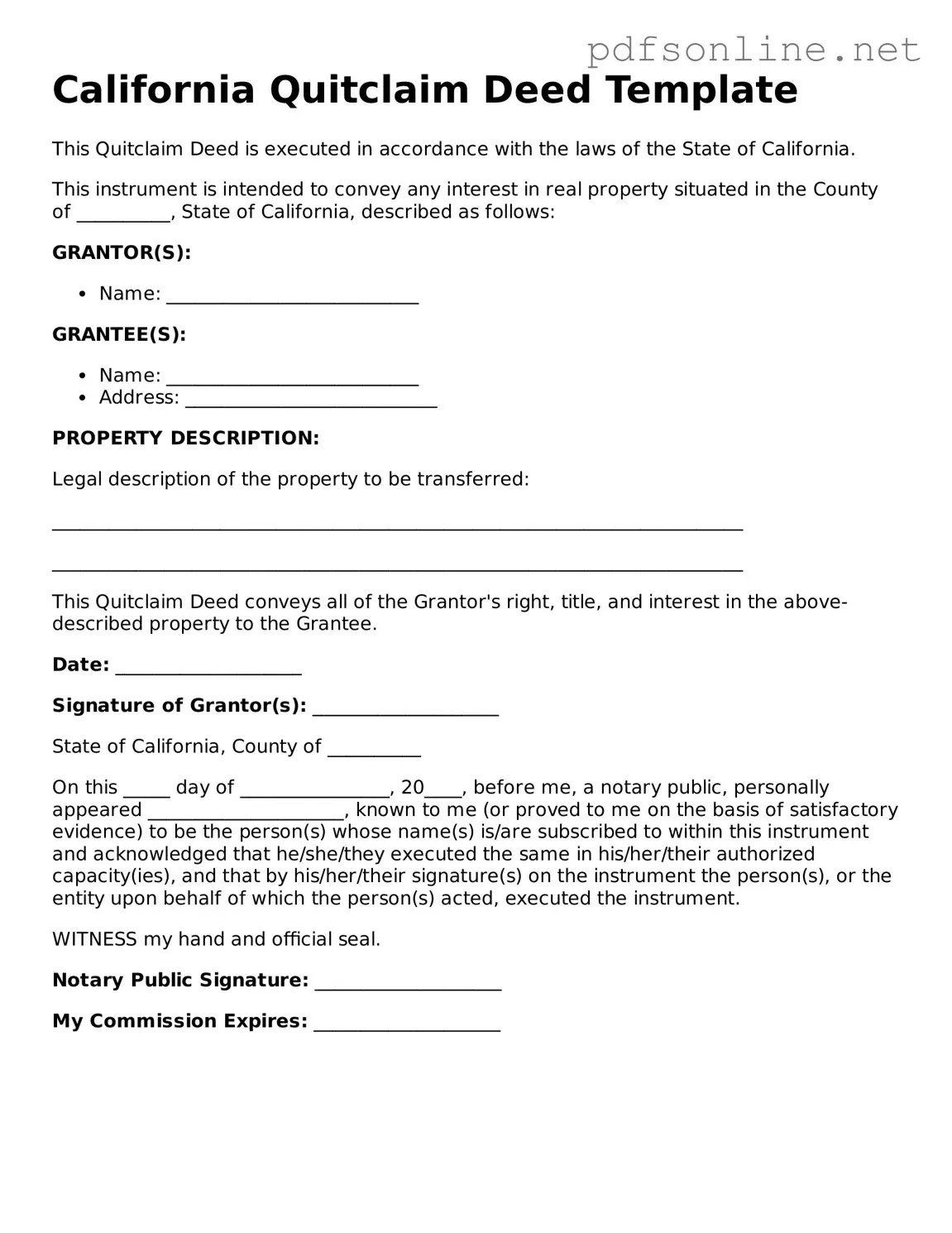 Legal Quitclaim Deed Template for the State of California